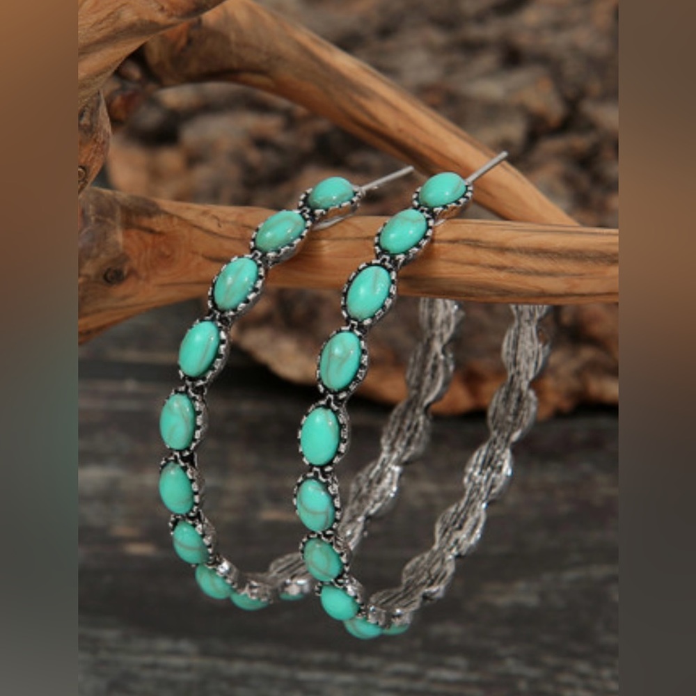 Turquoise Retro C-Shape Hoop Earrings Western Native Boho